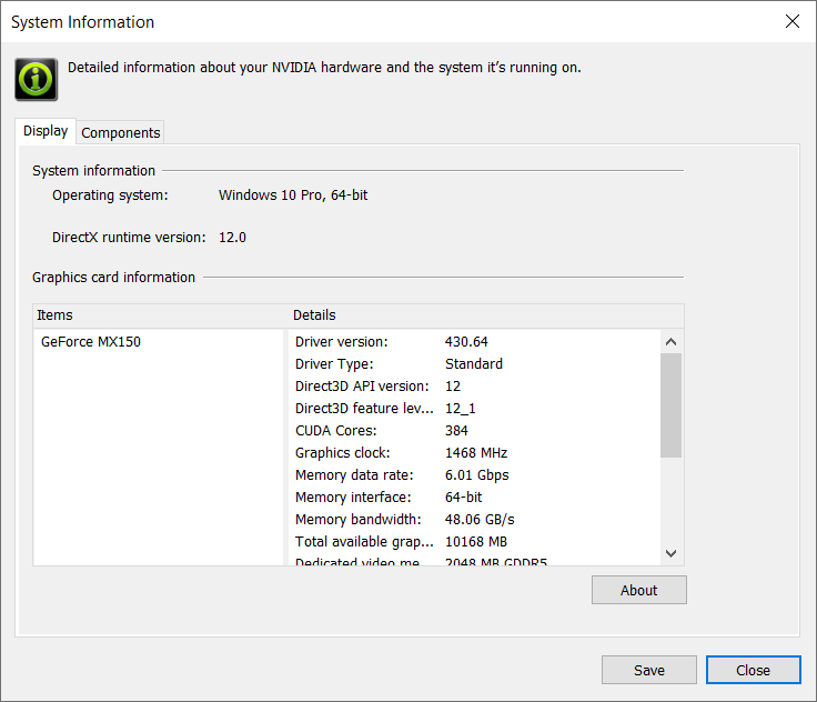 Windows 上 NVIDIA 系统信息的屏幕截图。