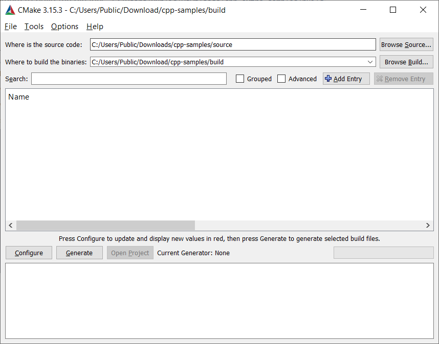 带有 Zivid C++ 示例配置的 CMake GUI 屏幕截图。