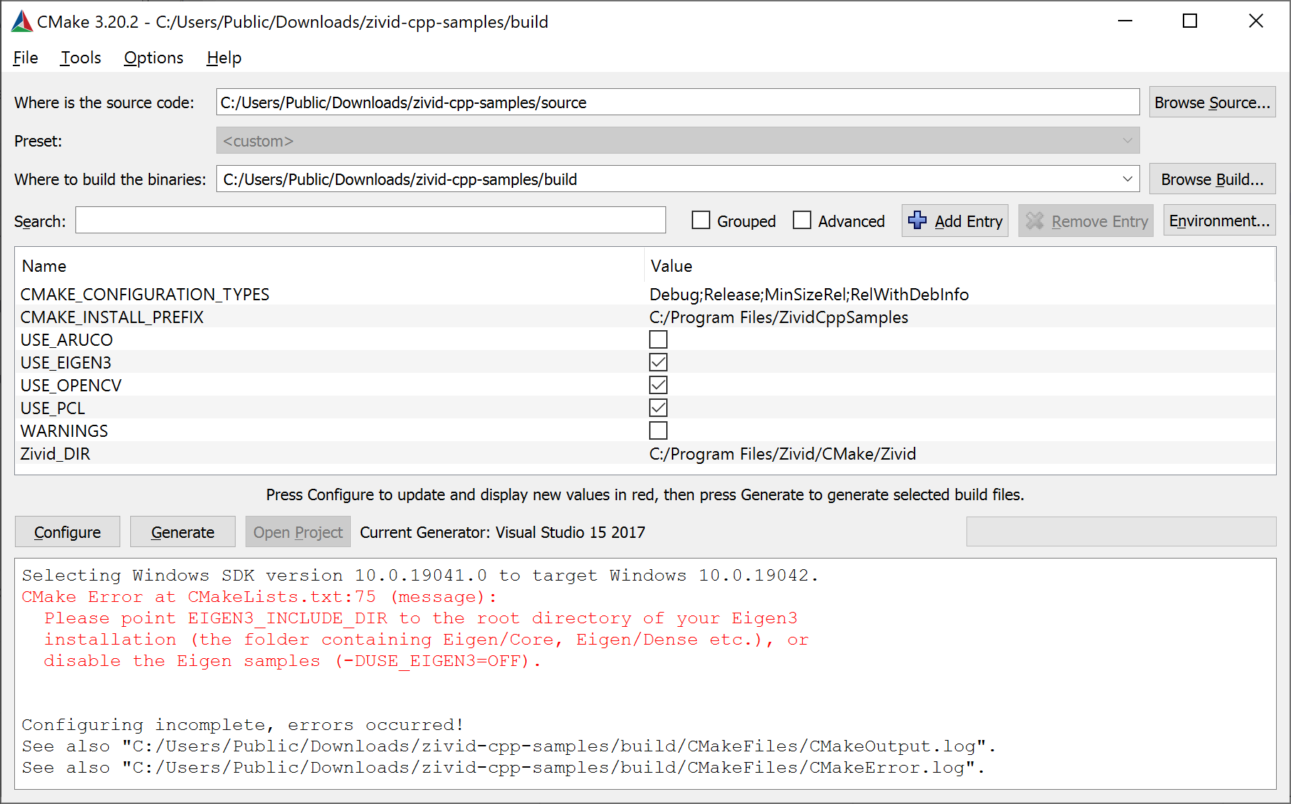 CMake GUI 的屏幕截图,您可以在其中配置依赖项。