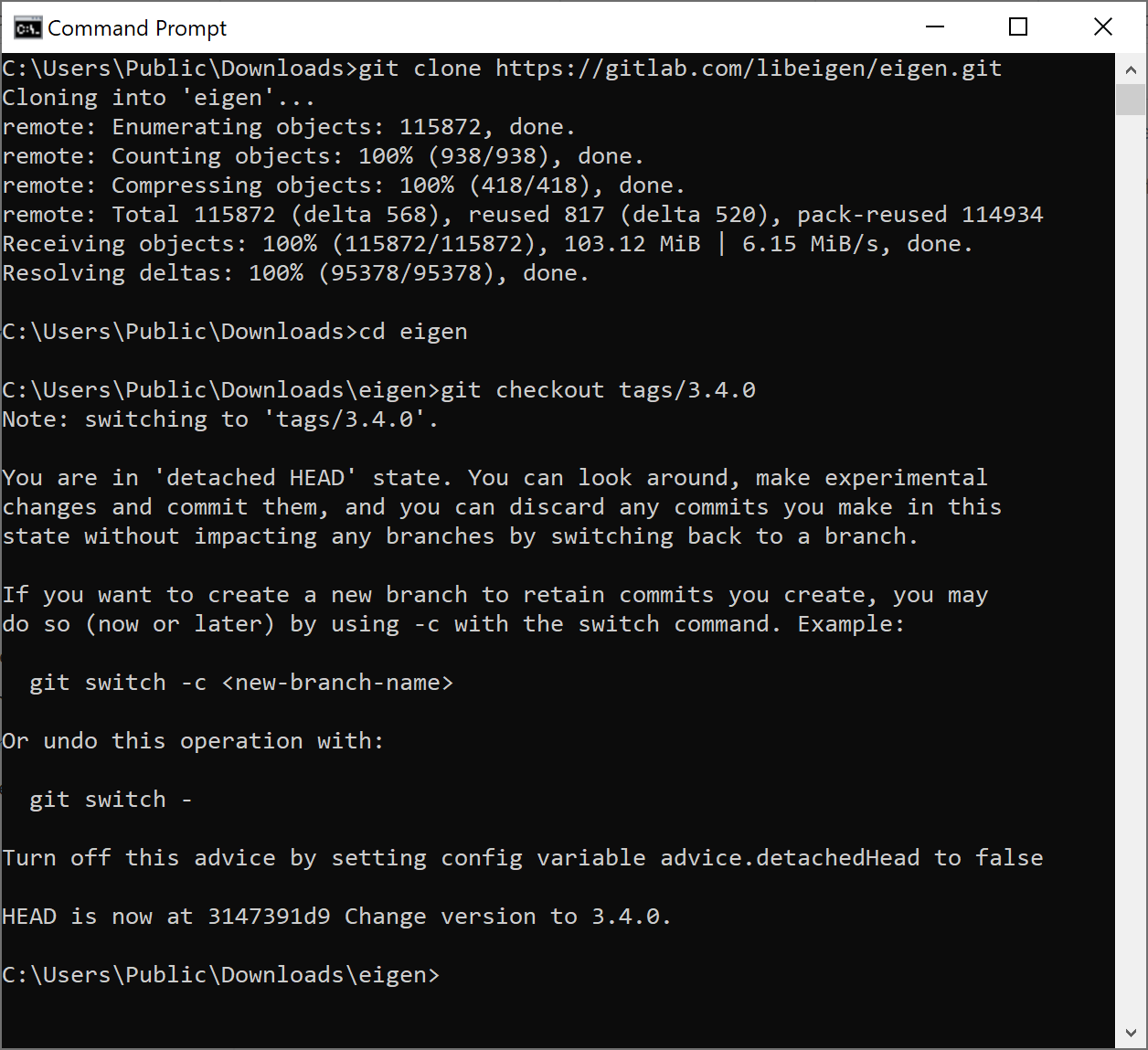 在 cmd 中使用 Git 克隆 Eigen 的屏幕截图。